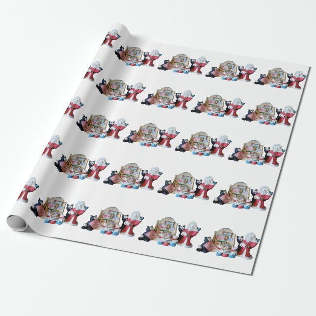 Two Cats, Three Mice and Santa Wrapping Paper (Unrolled)