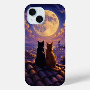 Two Cats Watching Full Moon Night Sky Romantic iPhone 15 Case