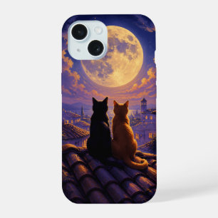 Two Cats Watching Full Moon Night Sky Romantic iPhone 15 Case