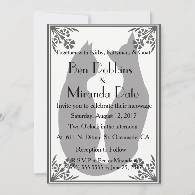 Two Cats Wedding in Black, White, and Grey Invitation (Front)