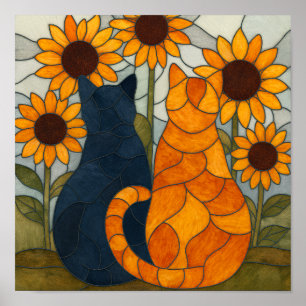 Two Cats with Sunflowers Stained Glass Pattern Poster