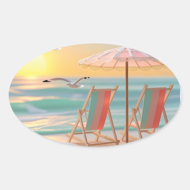 "Two Chairs By The Sea" Oval Sticker (Front)