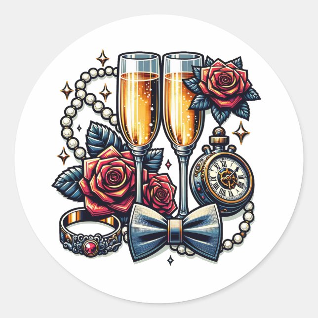 Two Champagne Glasses, Wedding  Classic Round Sticker (Front)