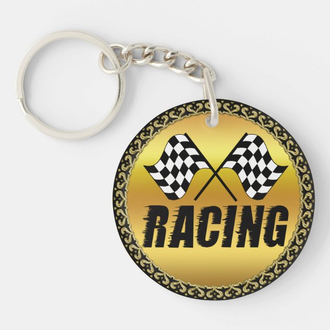 Two chequered racing flags for the competition win key ring (Front)