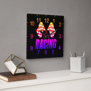 Two chequered racing flags for the competition win square wall clock