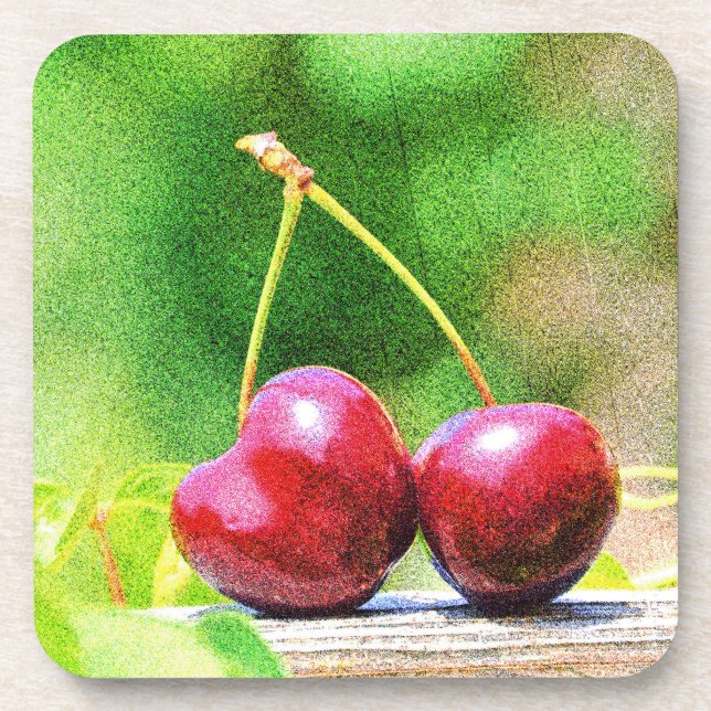 "Two Cherries Fruit" Cute Photo. Buy Now Coaster (Front)