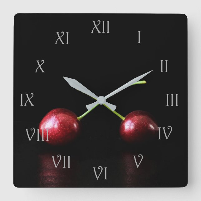 Two Cherries Grey Script Roman Numbers wca Square Wall Clock (Front)
