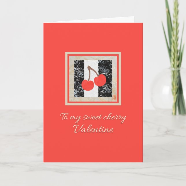 Two Cherries on Red Valentine Card (Front)