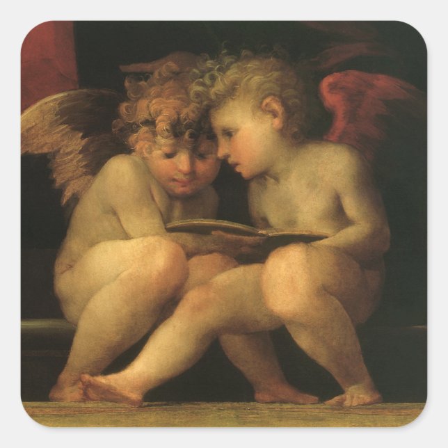 Two Cherubs Reading by Rosso Fiorentino, Angels Square Sticker (Front)