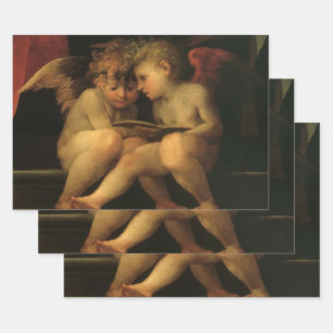 Two Cherubs Reading by Rosso Fiorentino, Angels Wrapping Paper Sheet