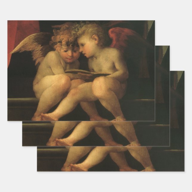 Two Cherubs Reading by Rosso Fiorentino, Angels Wrapping Paper Sheet (Set)