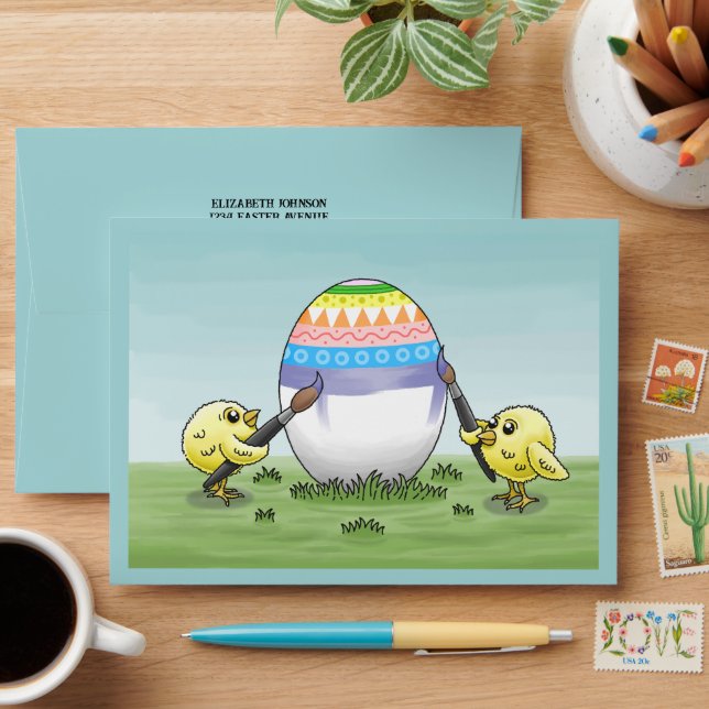 Two chickens paint a colourful Easter egg Envelope (Desk)