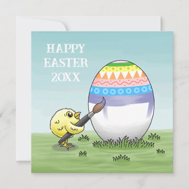 Two chickens paint a colourful Easter egg Holiday Card (Front)