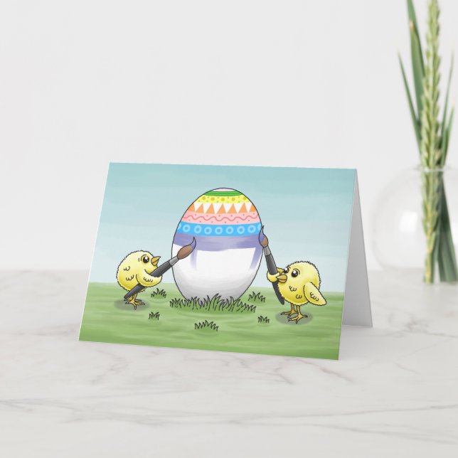 Two chickens painting an Easter egg Holiday Card (Front)
