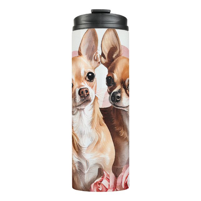 Two Chihuahuas With Flowers Love Heart Thermal Tumbler (Front)