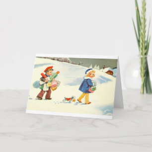 Two children and a dog festive snow scene holiday card