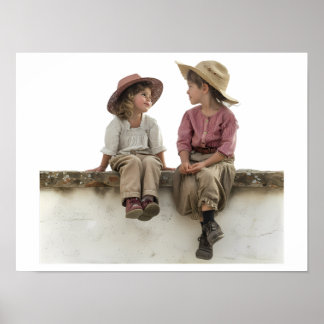 Two Children Sitting on a Wall Poster