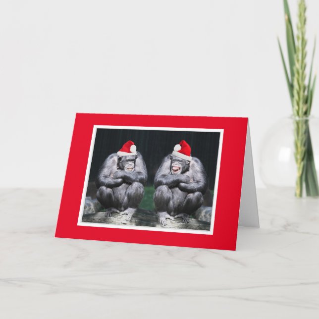TWO CHIMPS IN SANTA HATS CHRISTMAS CARD (Front)