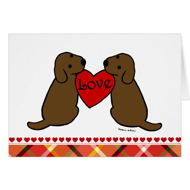 Two Chocolate Labradors with Love Cartoon Tartan (Front Horizontal)