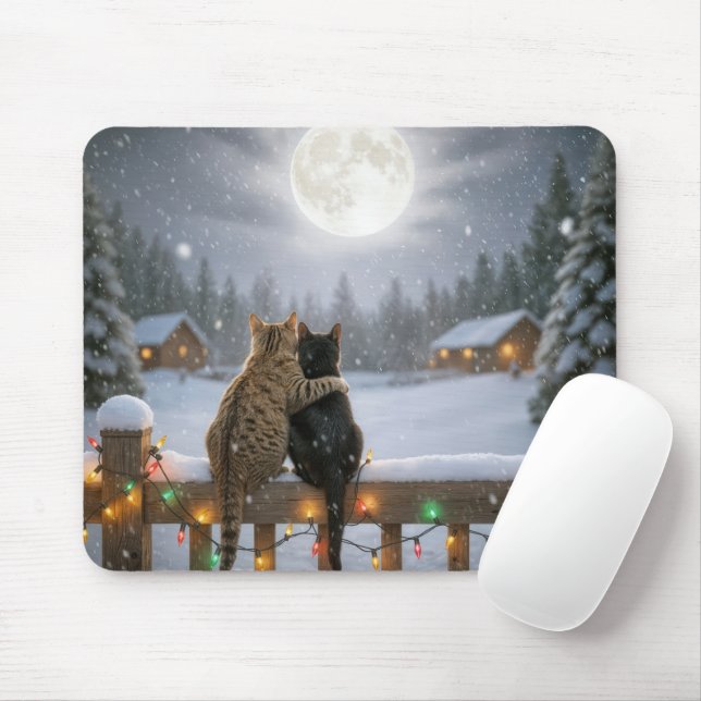 Two Christmas Cats Snuggling on a Snowy Fence Mouse Mat (With Mouse)