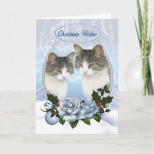 Two Christmas Cat's With Snow Ice And Blue Roses Holiday Card