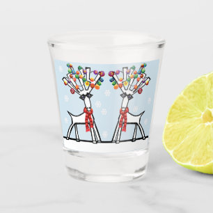 Two Christmas party reindeer with snowflakes Shot Glass