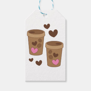 two coffee cups with love hearts gift tags