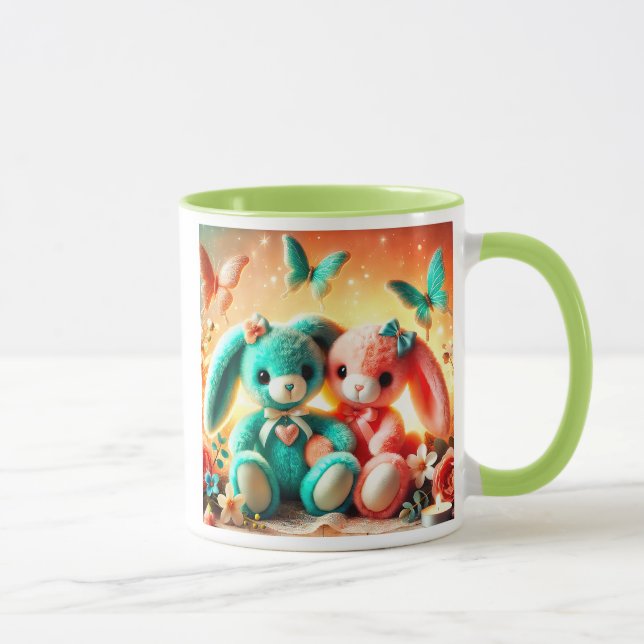 Two colored stuffed rabbits with butterflies. mug (Right)
