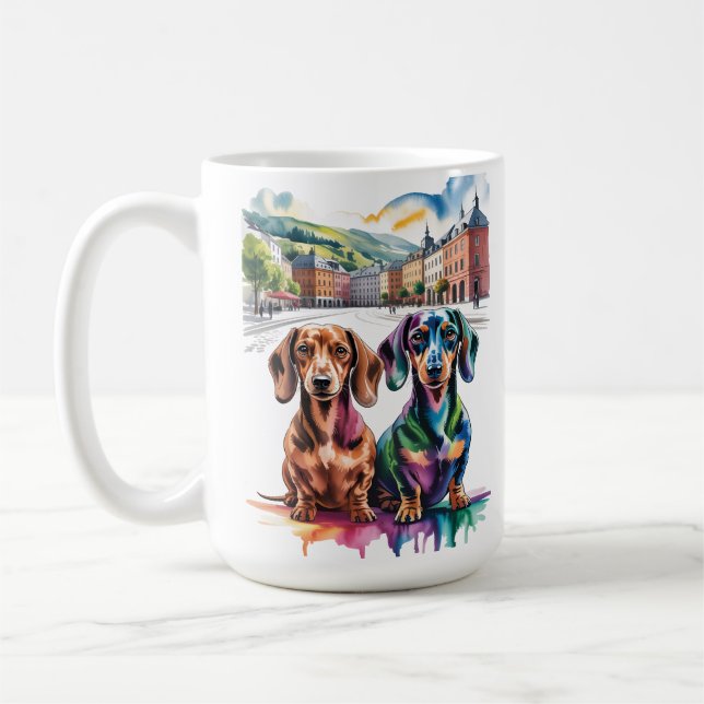Two Colorful Dachshunds in European City Square Coffee Mug (Left)