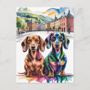 Two Colorful Dachshunds in European City Square Holiday Postcard