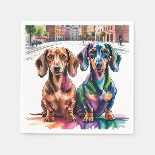 Two Colorful Dachshunds in European City Square Napkin