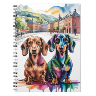 Two Colorful Dachshunds in European City Square Notebook