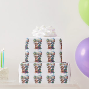 Two Colorful Dachshunds in European City Square Wrapping Paper