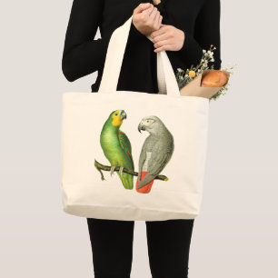Two Colorful Vintage Parrots on Large Tote Bag