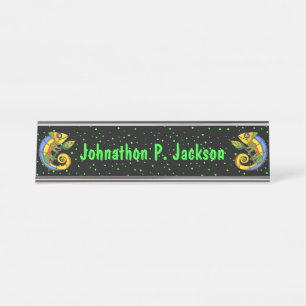 Two Colourful Abstract Lizards on Twigs Green Dots Desk Name Plate
