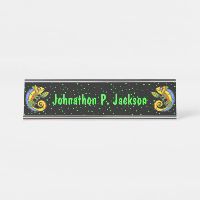 Two Colourful Abstract Lizards on Twigs Green Dots Desk Name Plate (Front)