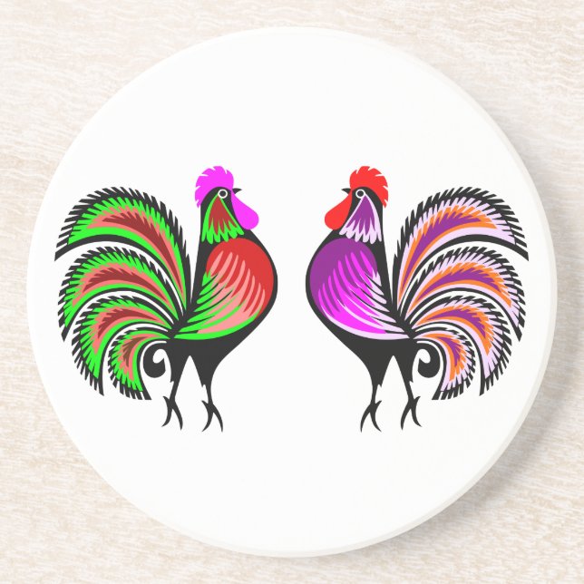 Two Colourful Alert Roosters Coaster (Front)
