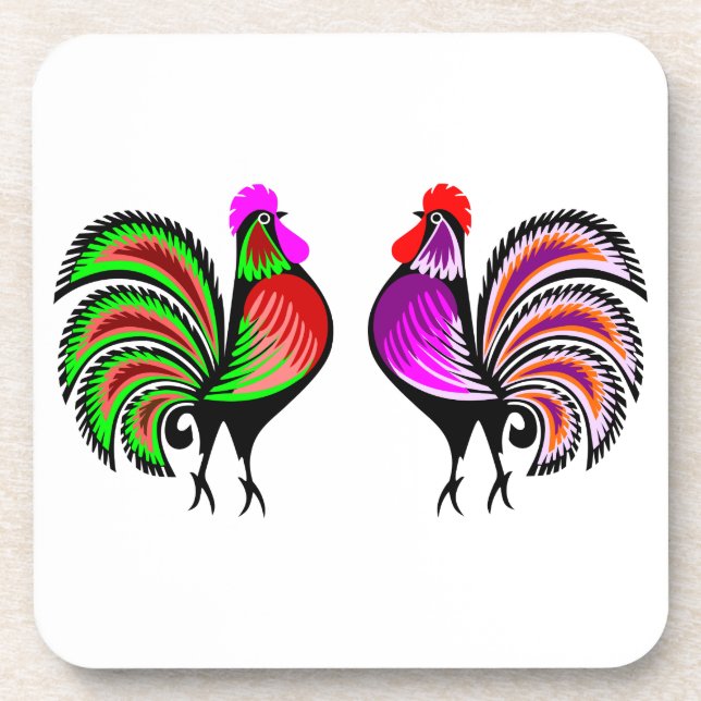 Two Colourful Alert Roosters Coaster (Front)