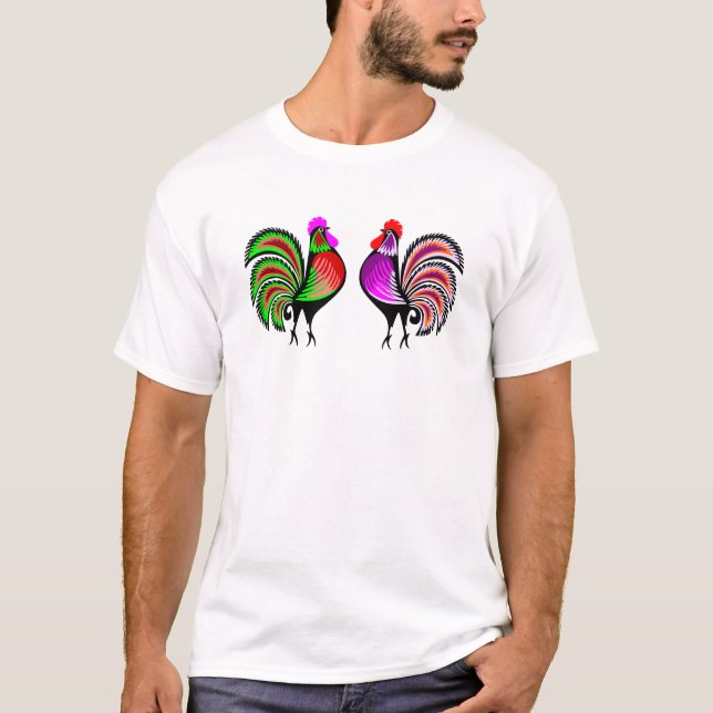 Two Colourful Alert Roosters T-Shirt (Front)