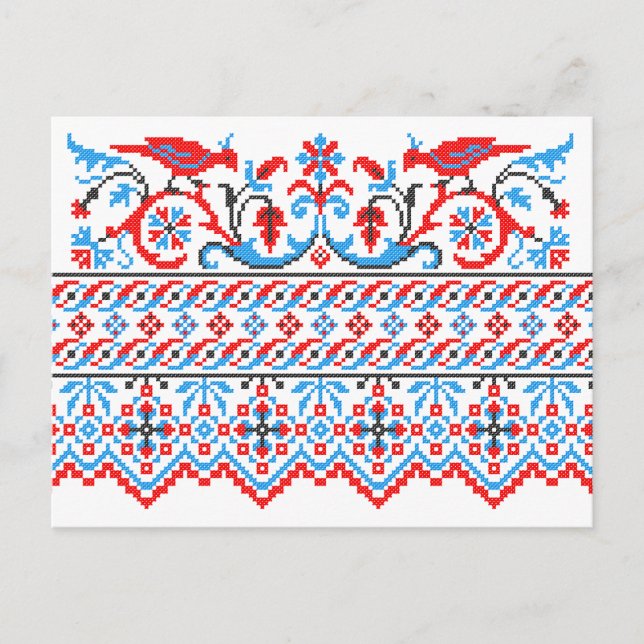 Two colourful cross-stitch birds Wedding engagemen Announcement Postcard (Front)