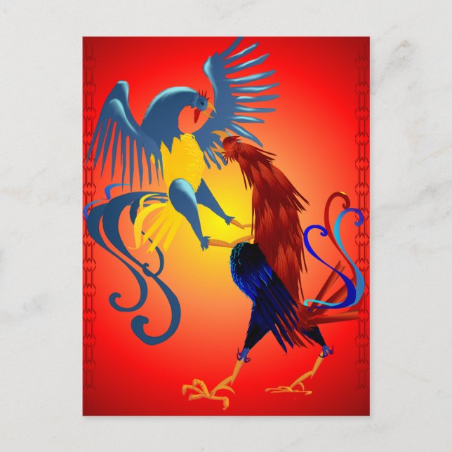 Two Colourful Fighting Roosters Postcard (Front)