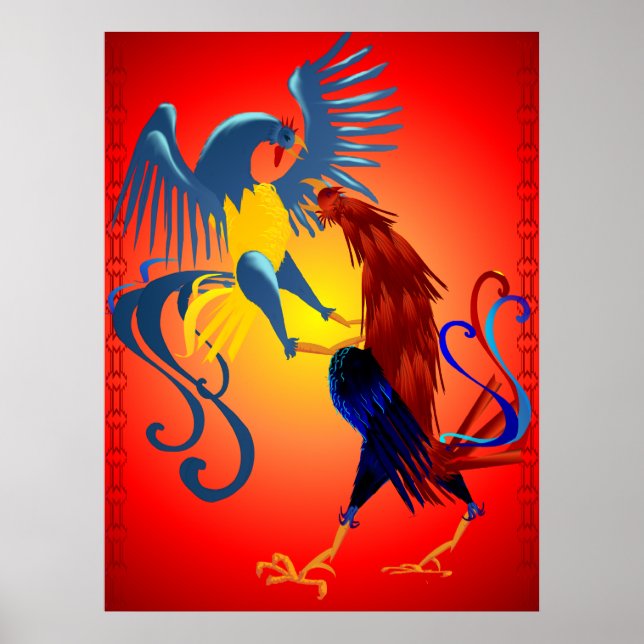 Two Colourful Fighting Roosters Posters (Front)