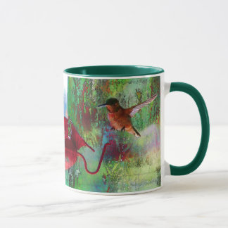 Two Colourful Hovering Hummingbirds at Feeder Mug