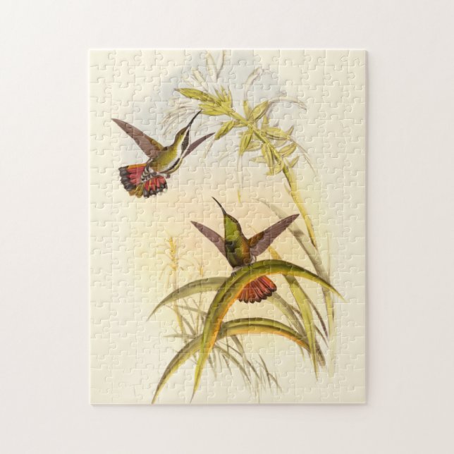 Two Colourful Hummingbirds Aiming for Same Flower Jigsaw Puzzle (Vertical)