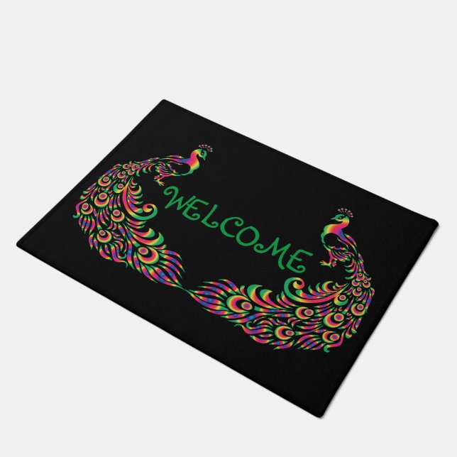 Two Colourful Peacocks Create A Welcome Doormat (Angled)