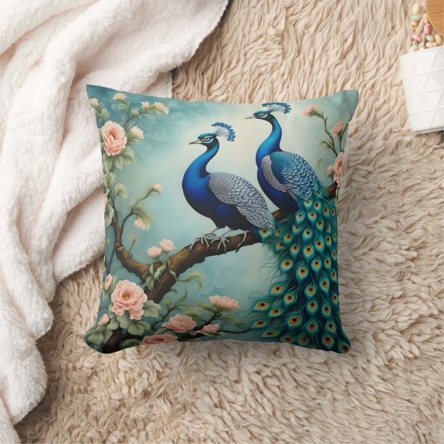 Two Colourful Peacocks Perched Among Roses Cushion (Blanket)