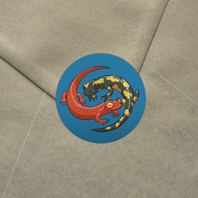 Two Colourful Smiling Salamanders Entwined Cartoon Classic Round Sticker (Creator Uploaded)