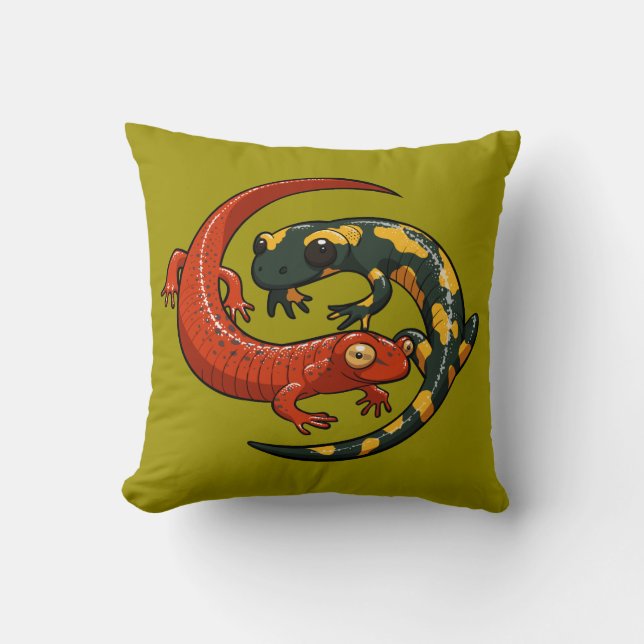 Two Colourful Smiling Salamanders Entwined Cartoon Cushion (Front)