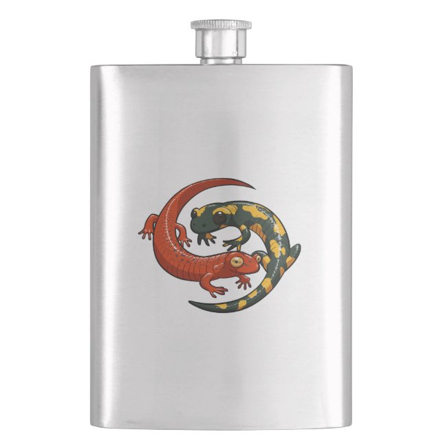 Two Colourful Smiling Salamanders Entwined Cartoon Hip Flask (Front)