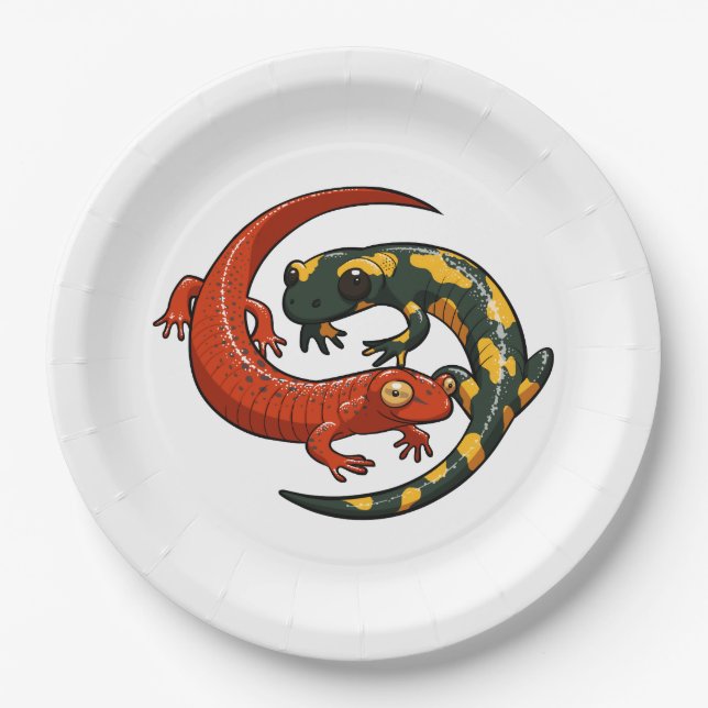 Two Colourful Smiling Salamanders Entwined Cartoon Paper Plate (Front)